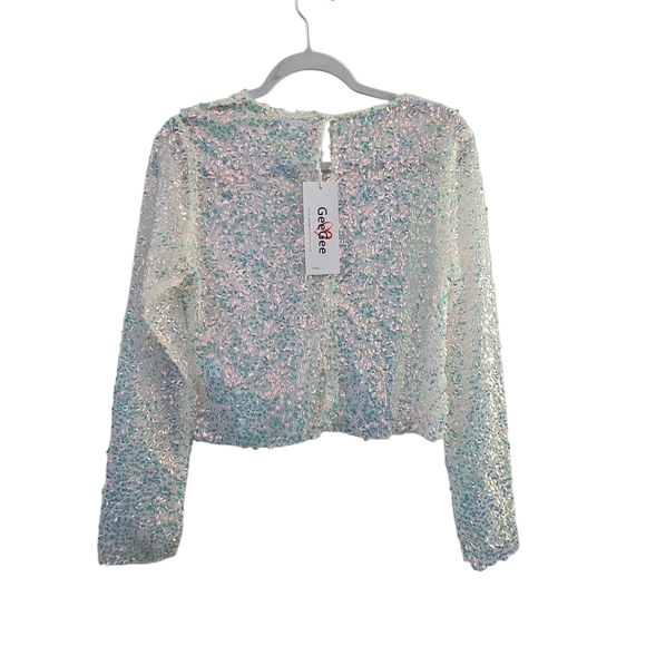 NWT GeeGee Womens Sequin Long Sleeve Top Size L White Pink Party Festival Beach - Picture 1 of 3
